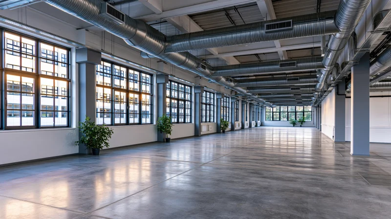 Empty industrial loft interior with exposed stainless steel ductwork and large windows letting in natural light