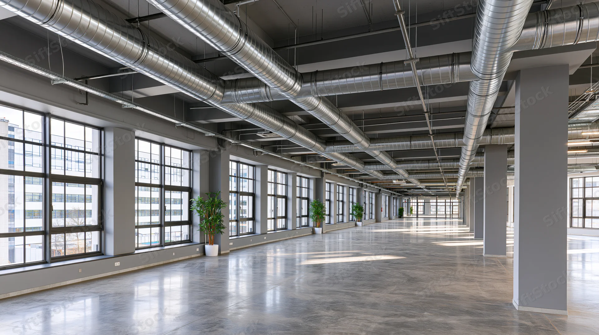 Empty industrial interior with exposed stainless steel ductwork and large windows along polished concrete floor