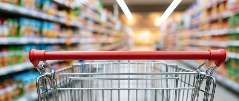 Empty metal shopping cart with red plastic handle in a supermarket aisle