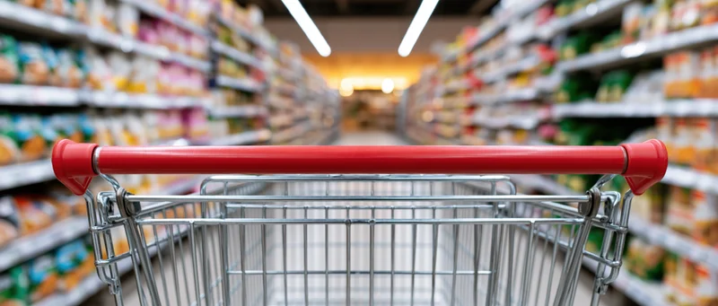 Metal shopping cart with red handle in supermarket aisle, viewed from front, shelves stocked with groceries on both sides