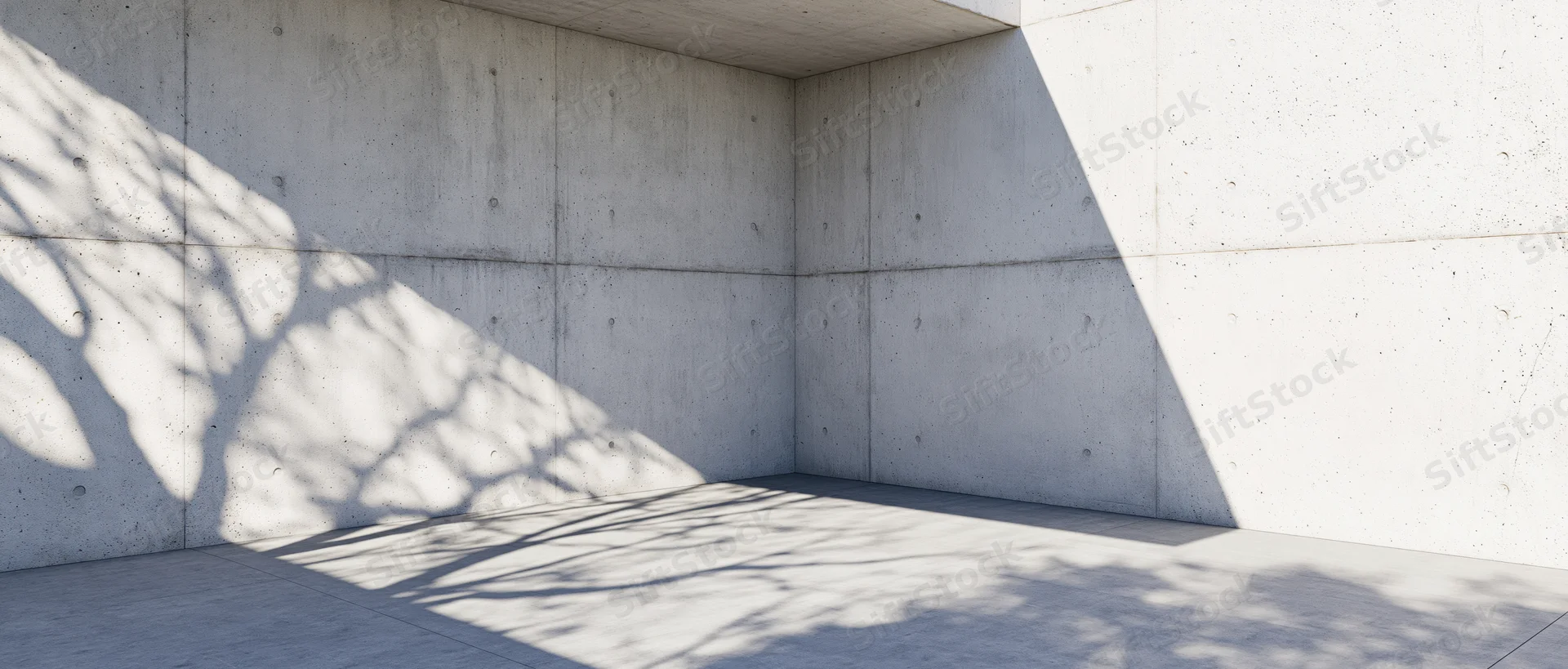 Empty minimalist concrete room interior with tree shadows on walls and floor