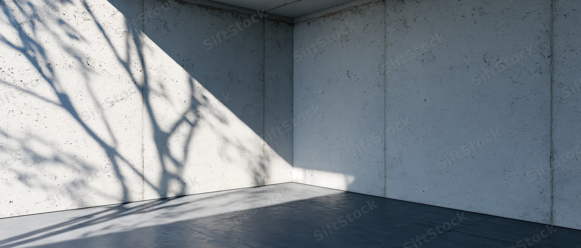 Empty minimalist concrete room interior with sunlight casting tree shadows on bare walls