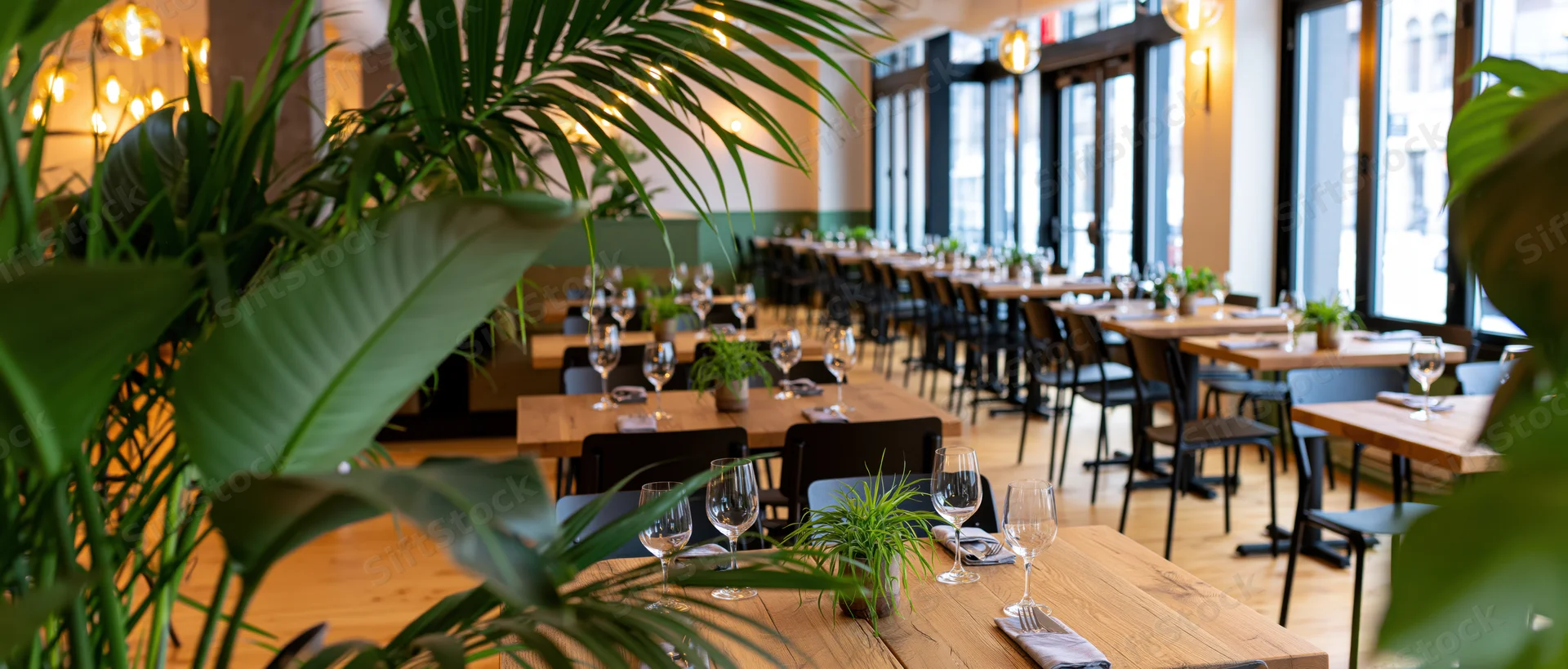 Empty modern restaurant dining room with set tables and green plants before service