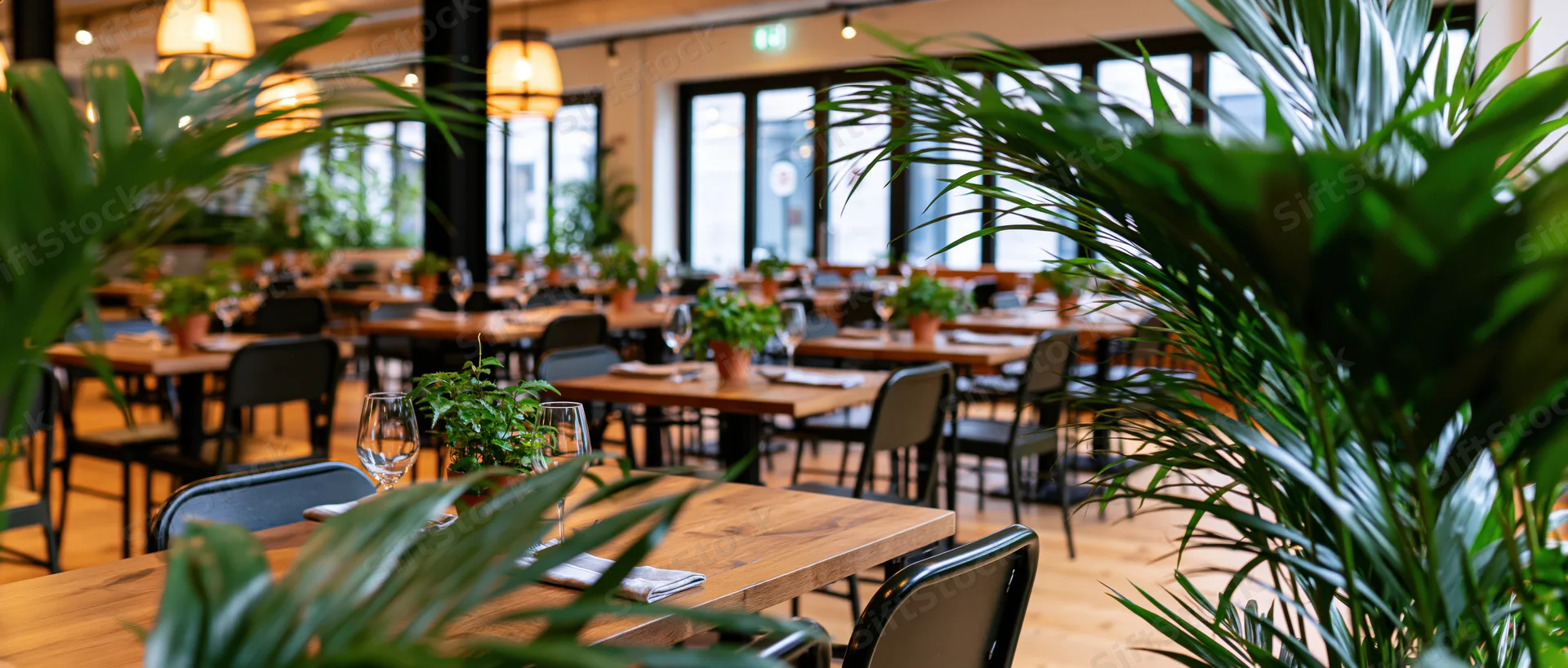 Empty modern restaurant dining room with wooden tables and potted plants before service