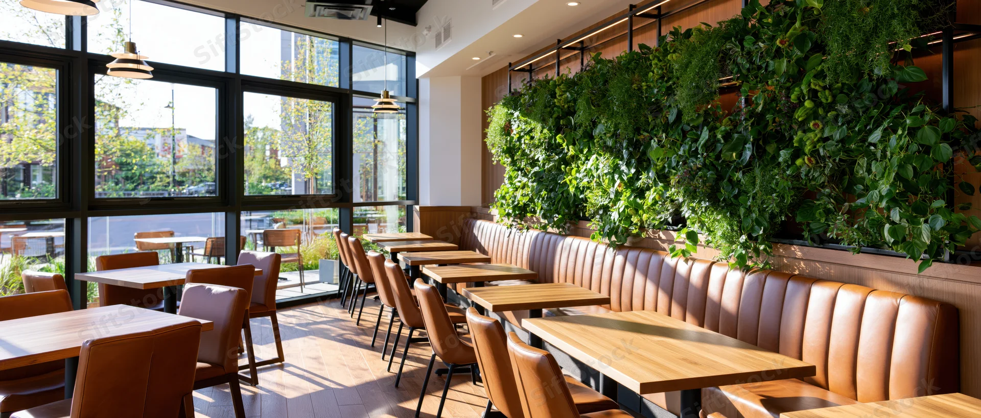 Empty modern restaurant dining room with wooden tables and leather booths beside a green living wall during daytime