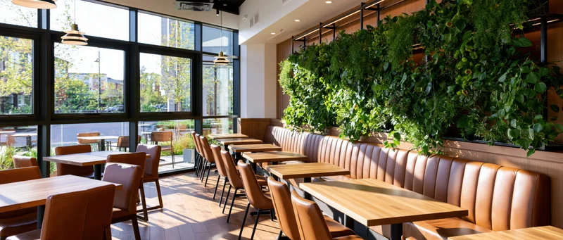 Empty modern restaurant dining room with wooden tables and leather booths beside a green living wall during daytime