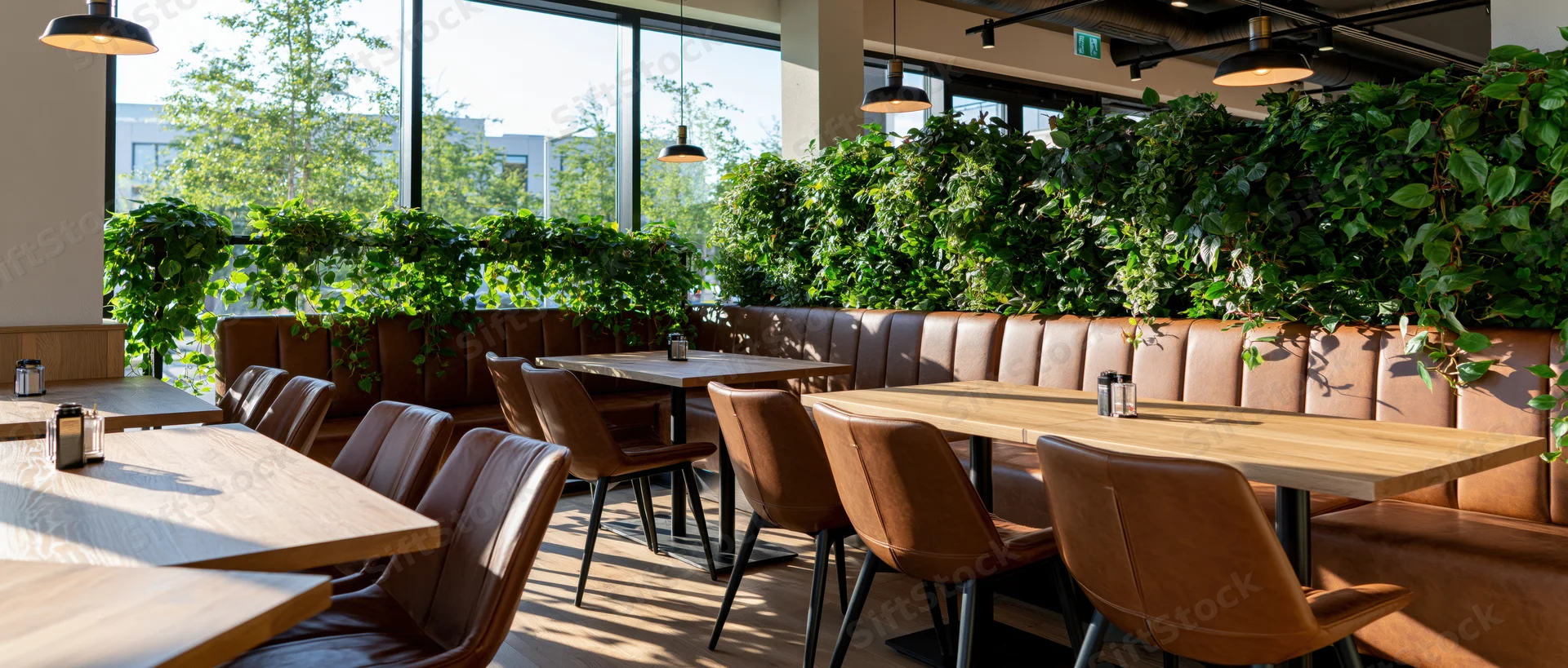 Empty modern restaurant dining area with wooden tables and leather chairs arranged along a green plant wall during daytime