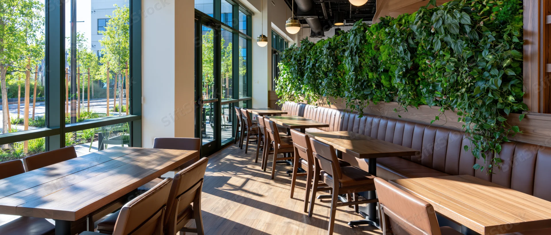 Empty modern restaurant dining room with wooden tables and green wall during daytime