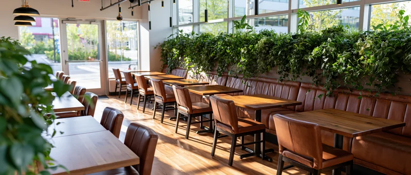 Empty modern restaurant dining room with wooden tables and leather booths by large windows during daytime