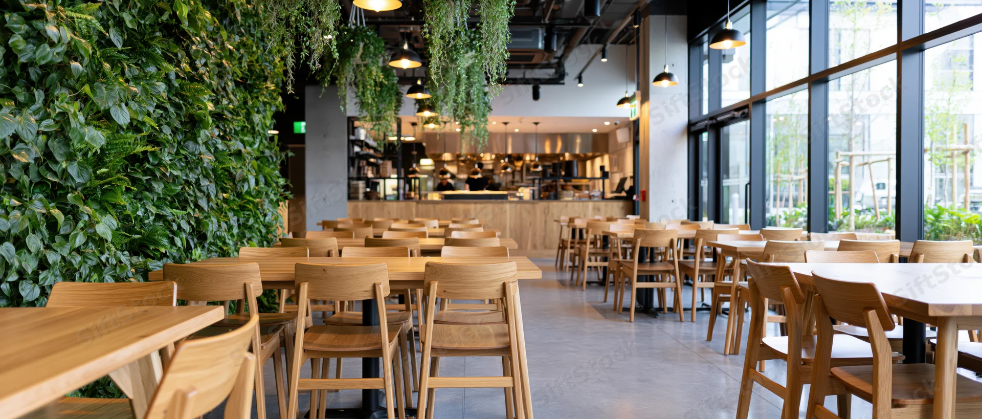 Empty modern restaurant dining area with wooden tables and chairs, green living wall, and open kitchen visible through glass partition