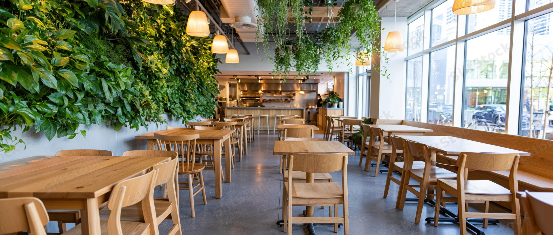 Empty modern restaurant dining area with wooden tables and chairs, living green wall, open kitchen visible through glass partition, large windows letting in natural light