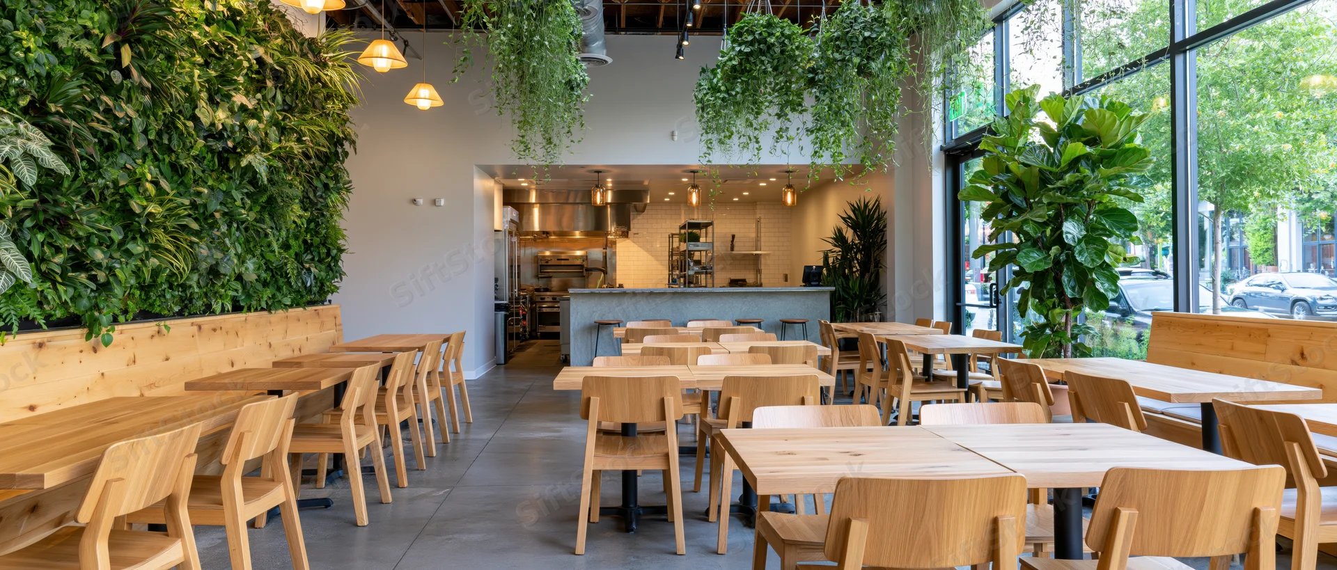 Empty modern restaurant dining room with wooden tables and chairs, green living wall, and open kitchen visible through pass-through counter