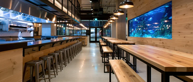 Empty modern seafood restaurant interior with wooden tables and aquarium wall feature