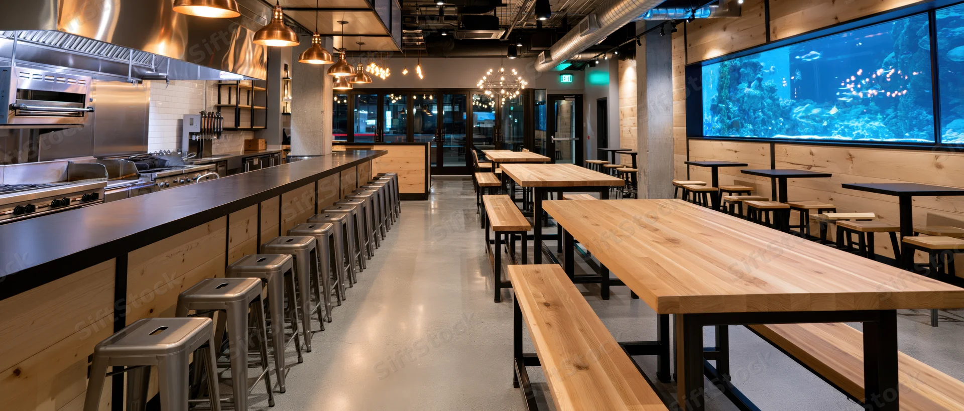 Empty modern seafood restaurant interior with wooden tables and benches, stainless steel kitchen, and large aquarium wall