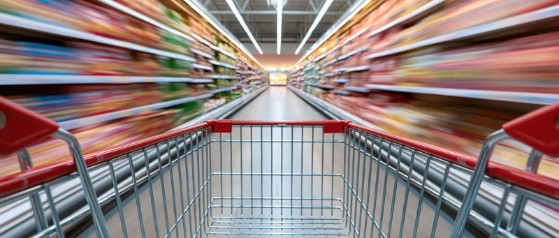 Empty red and chrome shopping cart moving quickly down a supermarket aisle