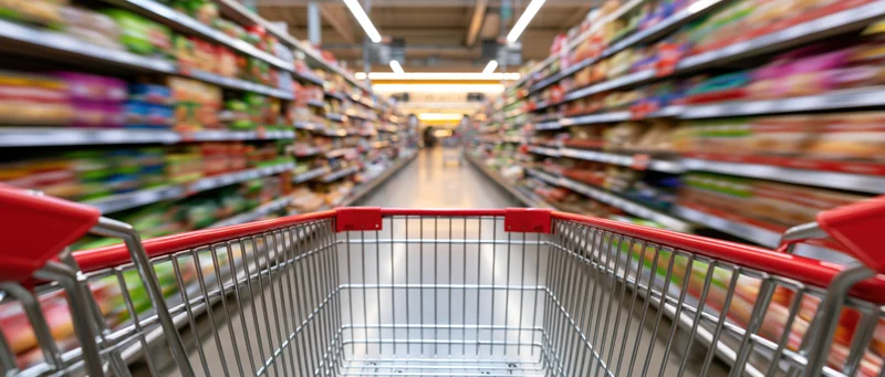 Empty red and chrome shopping cart moving quickly down a supermarket aisle