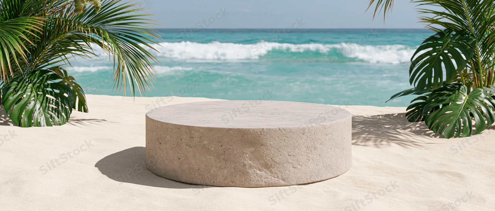 Round stone pedestal on sandy beach with tropical plants and ocean waves in background