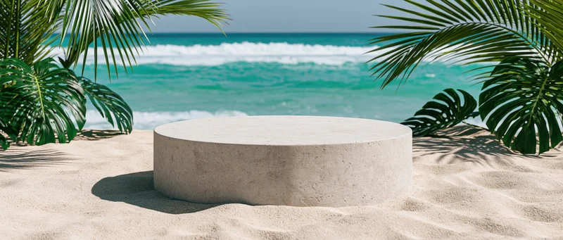 Round stone pedestal on sandy beach framed by palm and monstera leaves with ocean waves in background
