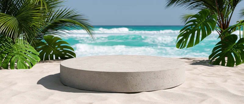 Round stone pedestal on sandy tropical beach with palm trees and ocean waves