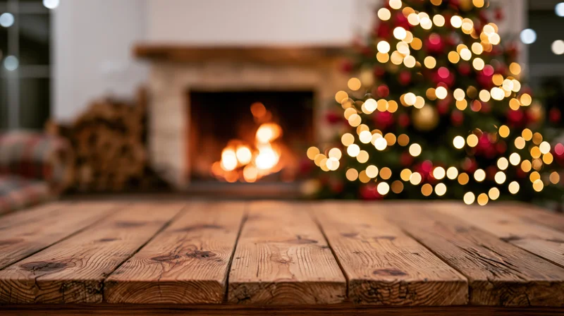 Rustic wooden tabletop in front of a lit fireplace and decorated christmas tree in a cozy living room