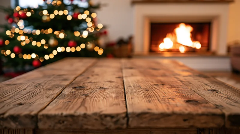 Rustic wooden table in foreground with blurred christmas tree and fireplace in background
