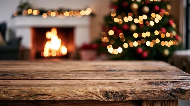 Rustic wooden table in foreground with blurred christmas tree and fireplace in background