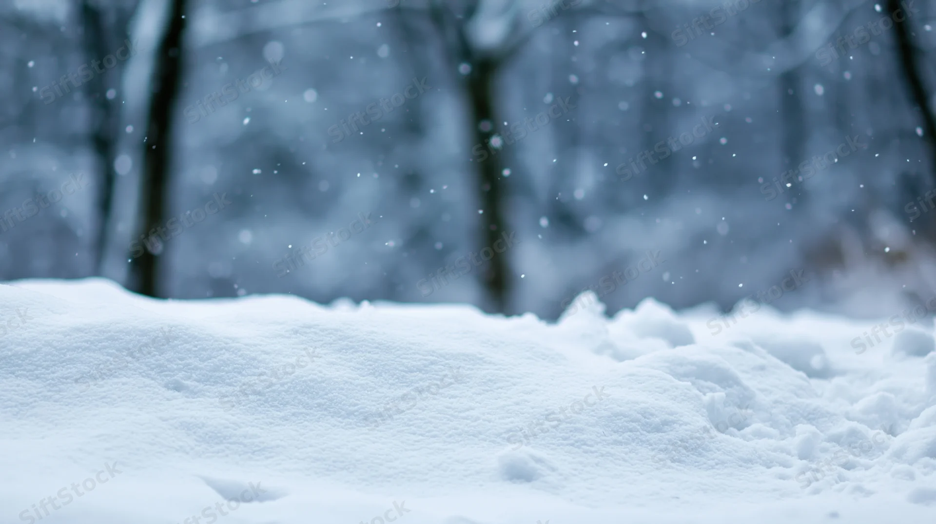 Snow-covered ground with falling snowflakes in a forest setting
