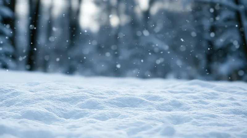 Snow-covered ground with falling snowflakes in a forest setting