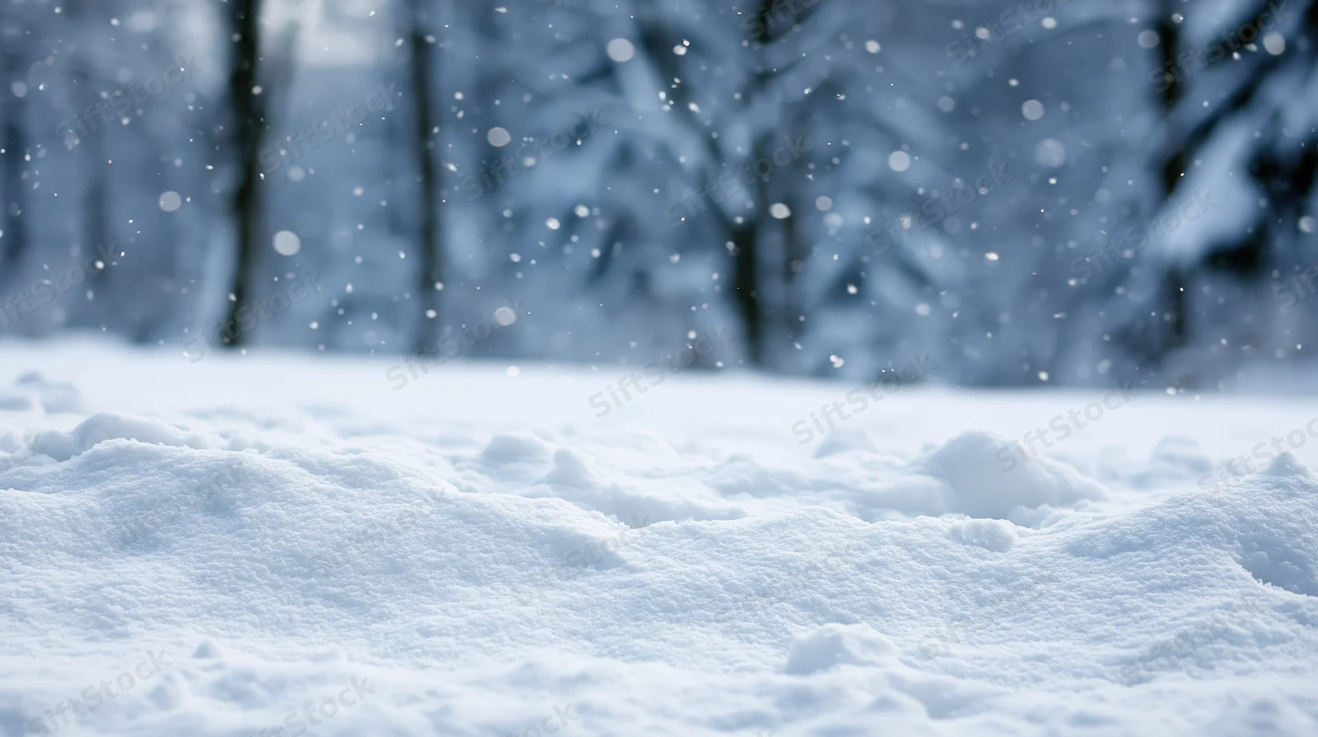 Snow-covered ground with falling snowflakes in a forest setting