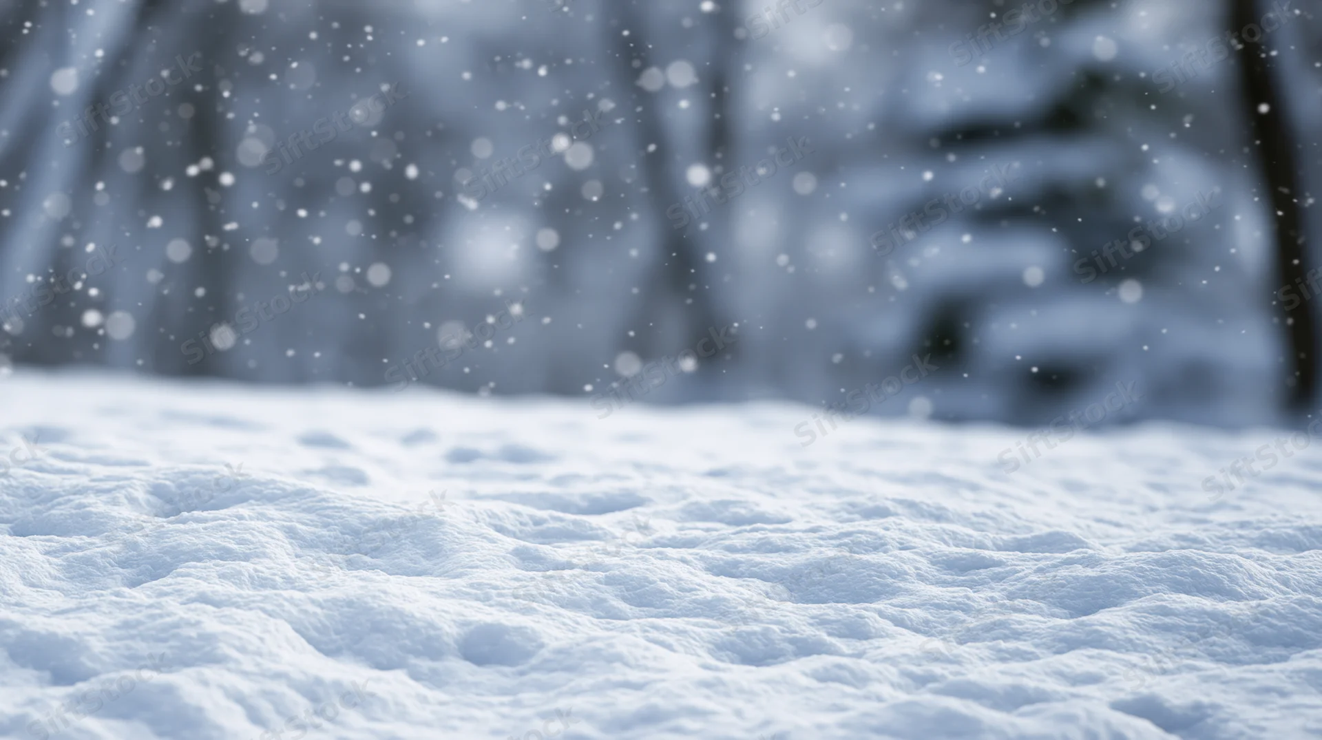 Snow-covered ground with falling snowflakes in a blurred forest background