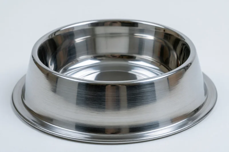Empty stainless steel pet bowl on white background