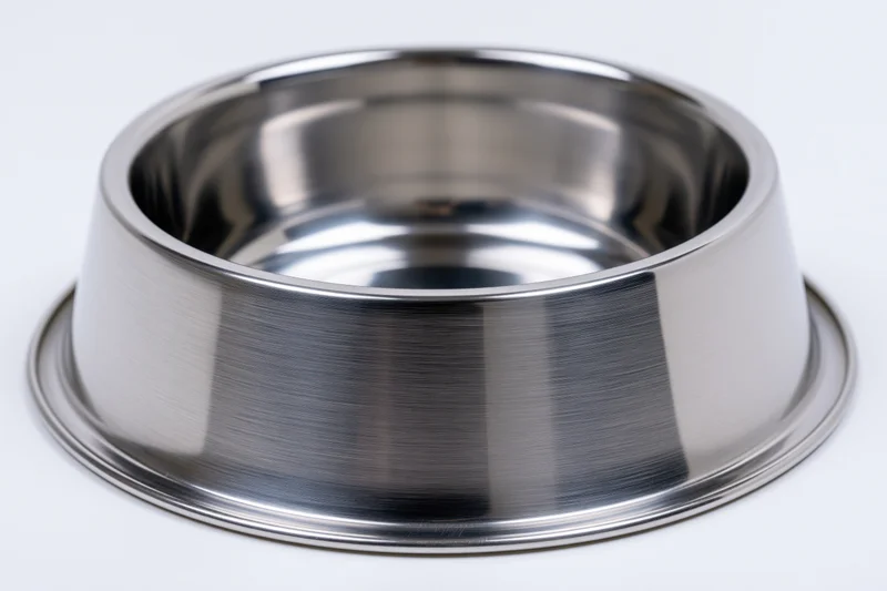 Empty stainless steel pet food bowl sitting upright isolated on white background