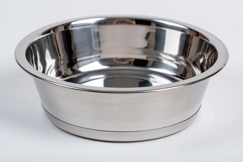 Empty stainless steel pet food bowl on white background
