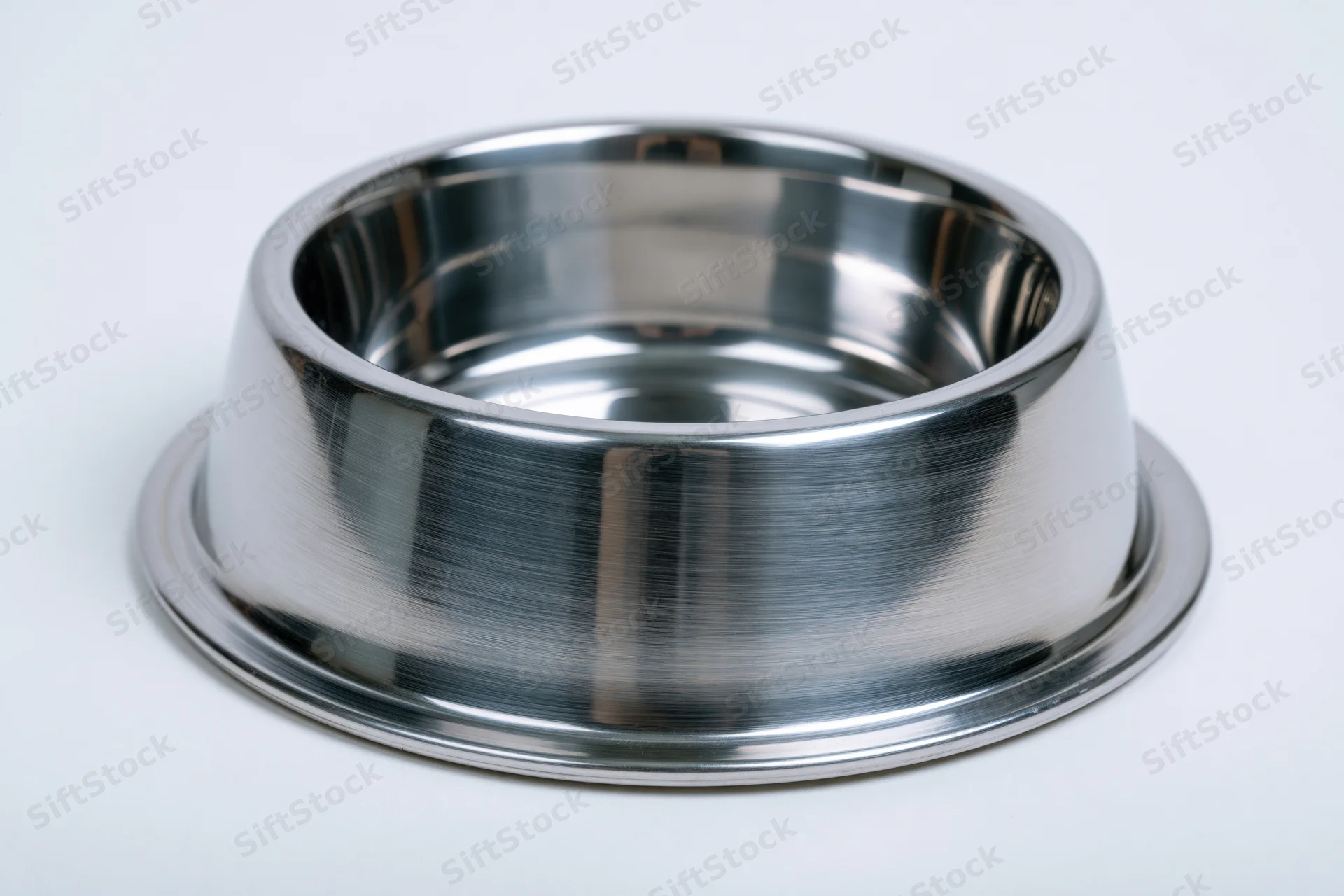 Empty stainless steel pet food bowl on white background