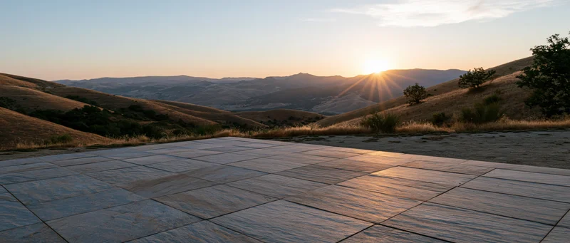 Stone tile plaza floor in wide shot at sunset overlooking hills and mountains