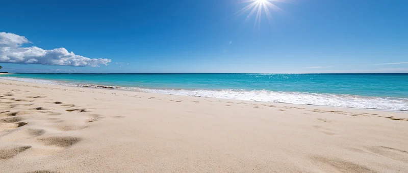 Empty tropical beach with fine pale sand in foreground under bright sun and turquoise ocean