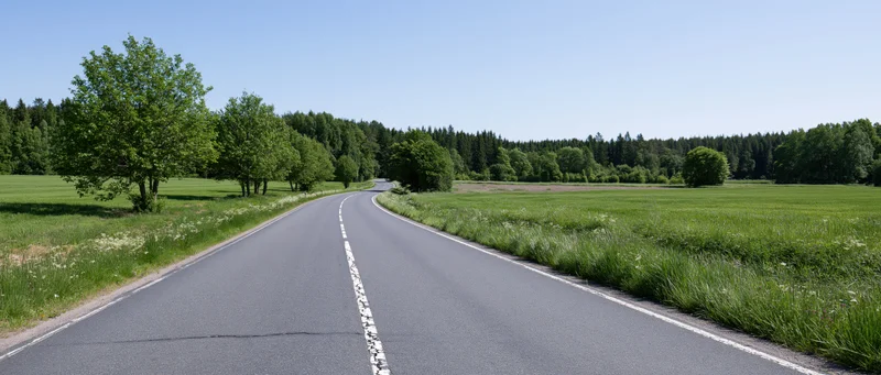 Winding asphalt road curving through green fields and trees under a clear blue sky