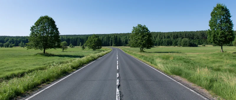 Straight two-lane asphalt road through green fields and trees under blue sky