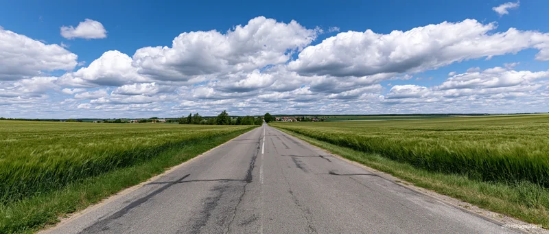 Straight asphalt country road stretching into the horizon between green fields under a blue sky with white clouds
