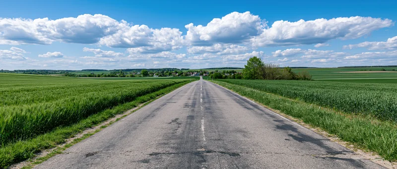 Straight asphalt country road stretching through green fields under a blue sky with white clouds