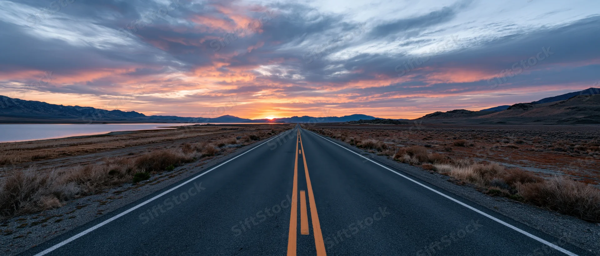Straight asphalt highway stretching toward sunset over desert landscape with mountains and clouds