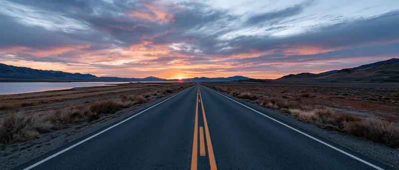 Straight asphalt highway stretching toward sunset over desert landscape with mountains and clouds