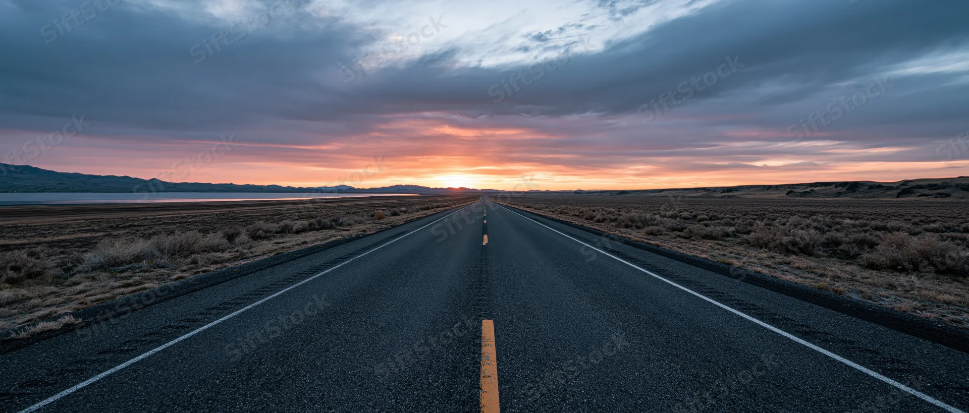 Straight asphalt highway stretching toward sunset over desert landscape