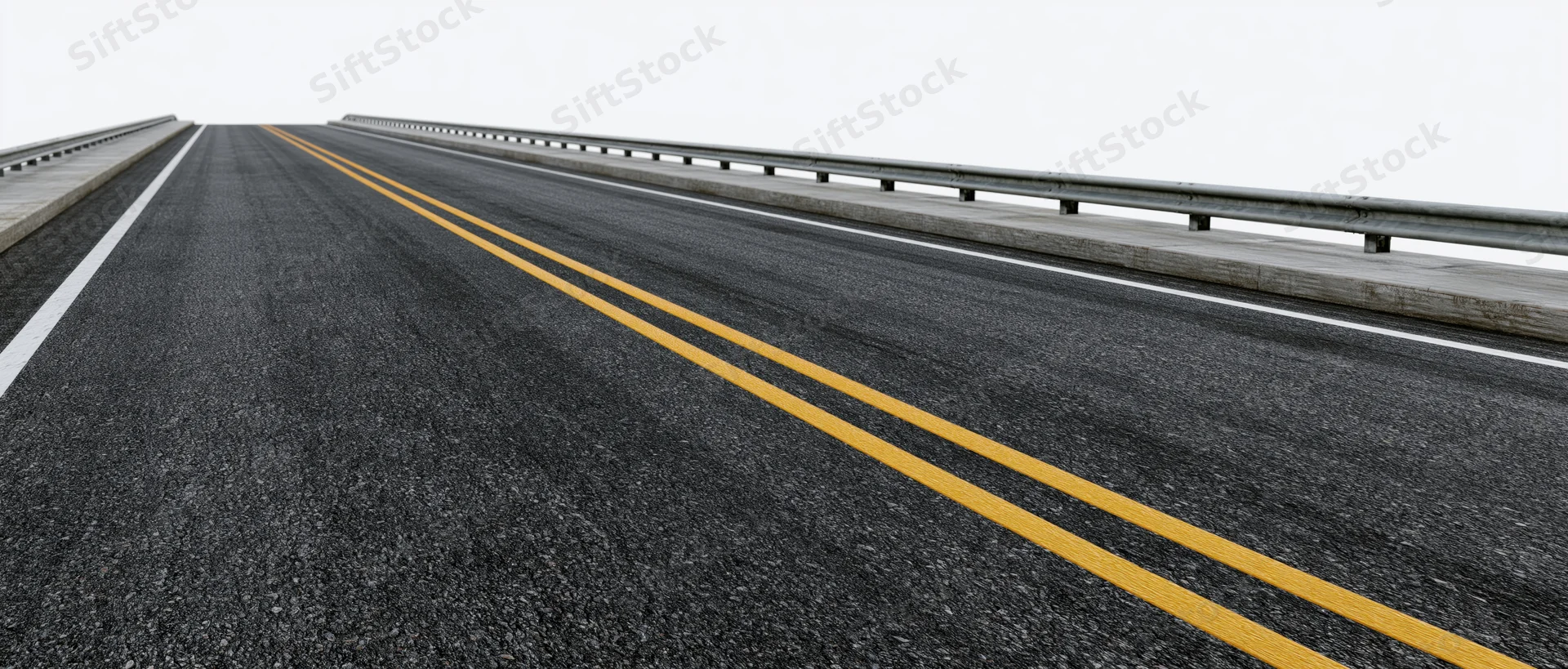 Empty two-lane asphalt road stretching into the distance on a bridge with guardrails and double yellow center line