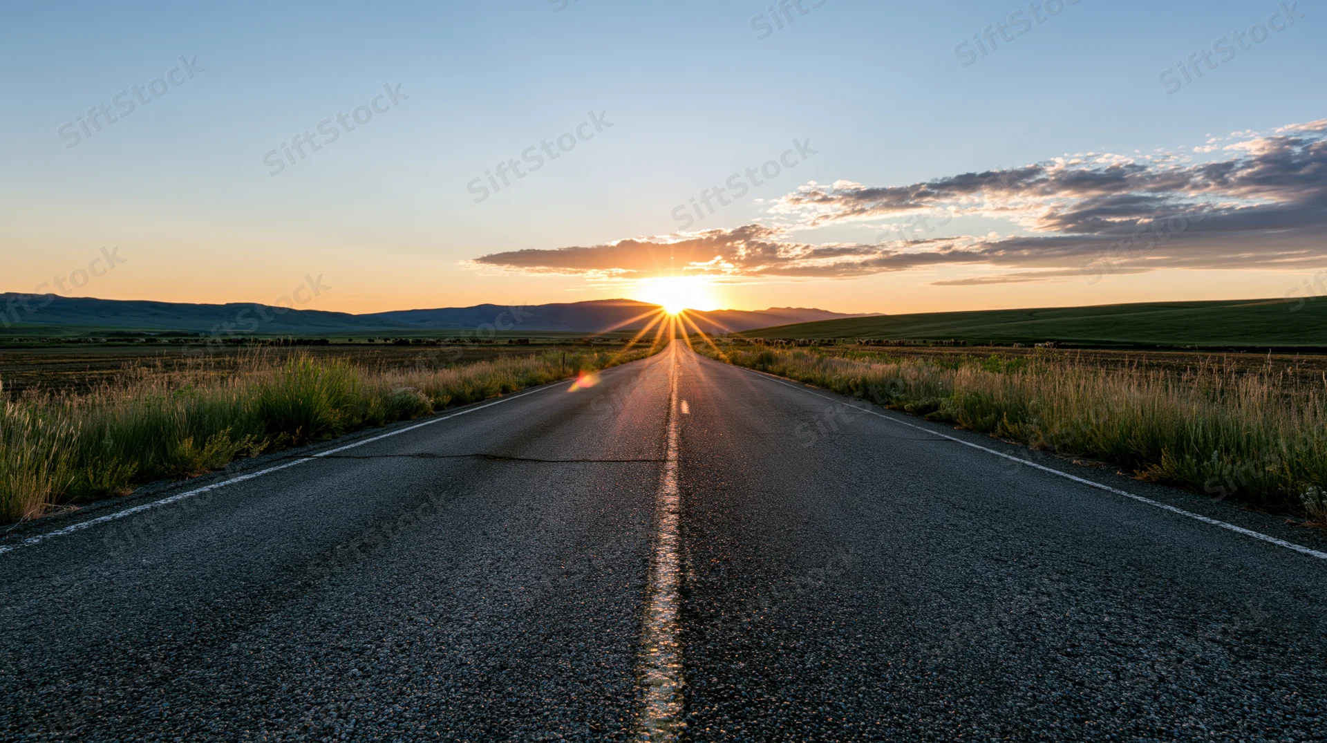 Straight asphalt road stretching toward the setting sun over a rural landscape