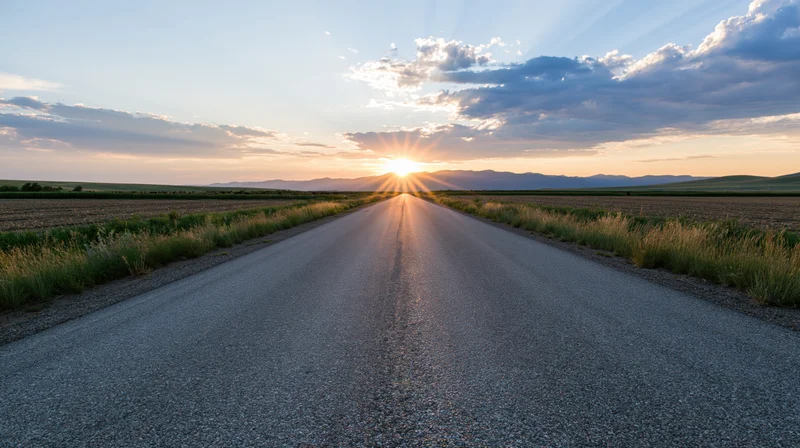 Straight asphalt road stretching toward the horizon at sunset over rural fields