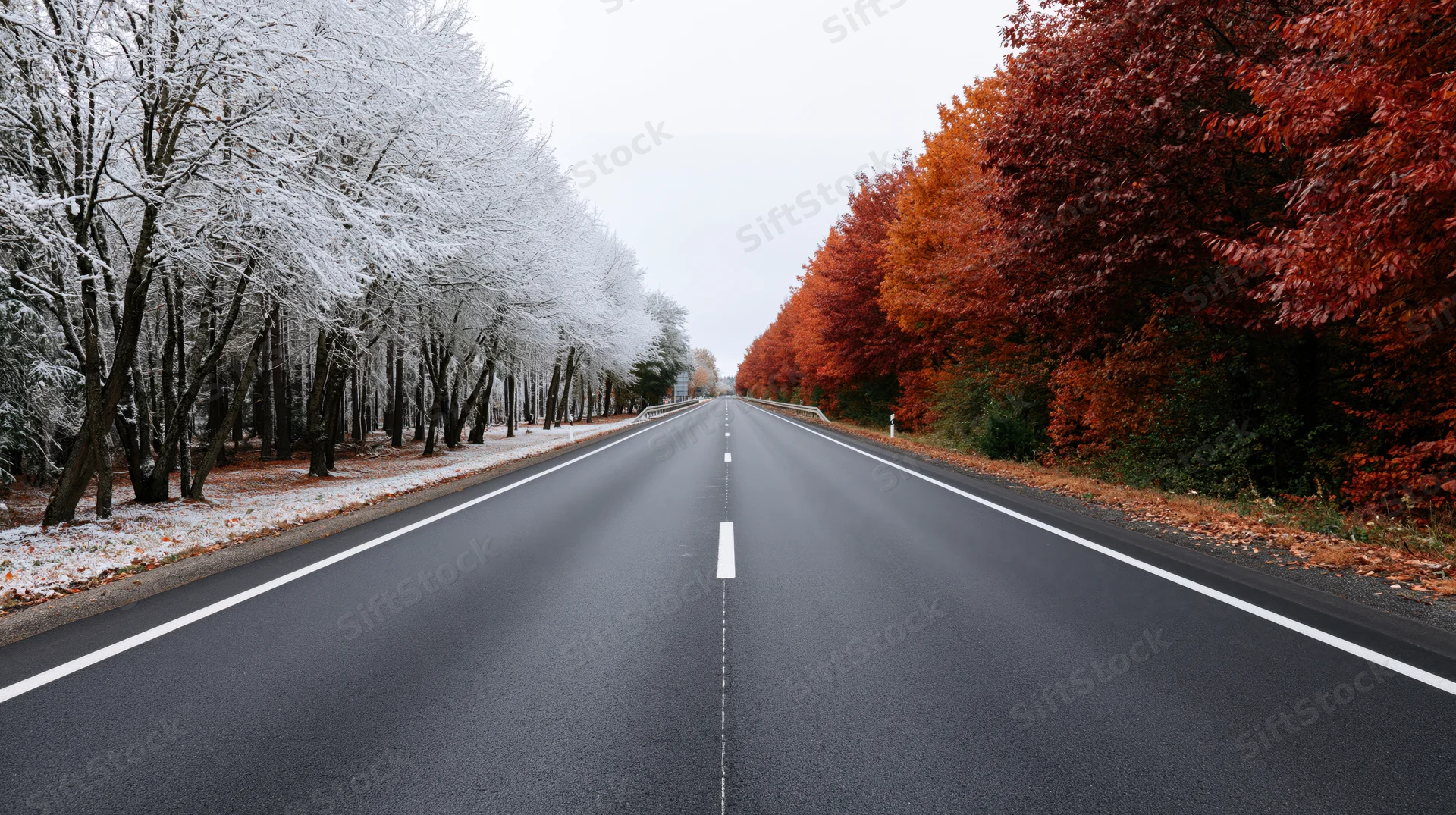 Straight asphalt road stretching to vanishing point flanked by snow-covered trees on one side and red autumn foliage on the other