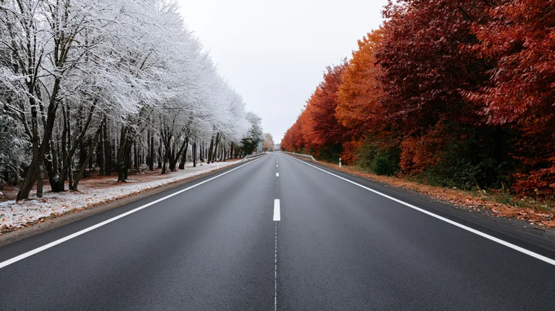 Straight asphalt road stretching to vanishing point flanked by snow-covered trees on one side and red autumn foliage on the other