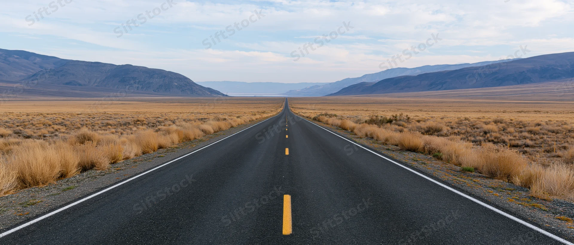 Straight asphalt highway through arid desert landscape with distant mountains under partly cloudy sky