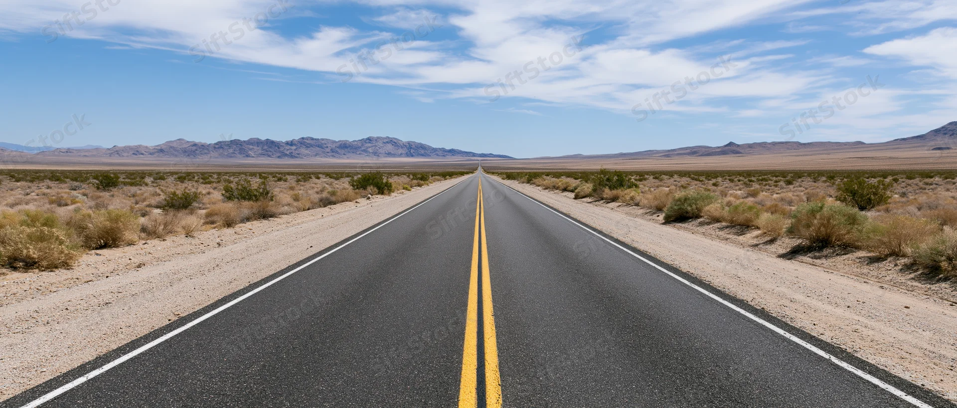 Straight asphalt highway stretching through arid desert landscape toward distant mountains under blue sky with clouds